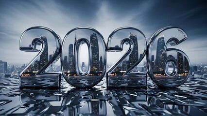 2026 New Year chrome numbers reflecting modern cityscape