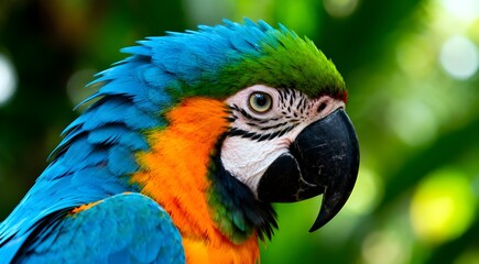 Fototapeta premium A close-up portrait of a Macaw parrot, focusing on its detailed, colorful feathers and striking eyes. The background is blurred, emphasizing the bird's vivid colors and intricate feather patterns. 