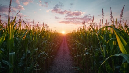 Sunset Over Cornfield With Pathway Leading Through Tall Crops in Rural Area