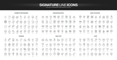 Modern line icons set covers cosmetic procedures, online education, school, fashion, daily life, and love themes, each block detailed for diverse lifestyle concepts isolated vector illustration