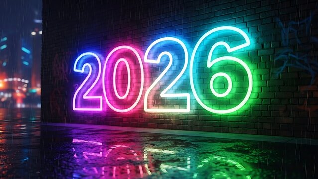 Vibrant Neon 2026 Sign on Wet Brick Wall at Night - Powered by Adobe