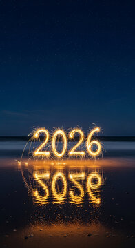 Sparkler numerals show 2026 over beach with reflection. It represents a new year, celebration, holiday, and future event or date on coastal backdrop
