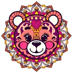 Colorful Cute Tiger Face with Mandala Design adorable tiger, colorful illustration, cute animal face, mandala pattern, decorative art, vibrant colors, kawaii style, playful design