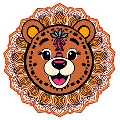 Colorful Decorative Tiger Face Illustration. cartoon animal, decorative design, colorful illustration, cheerful tiger, playful pattern