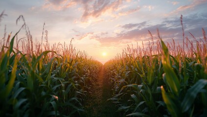 Sunset Over Cornfield With Rows of Corn in Early Evening Light