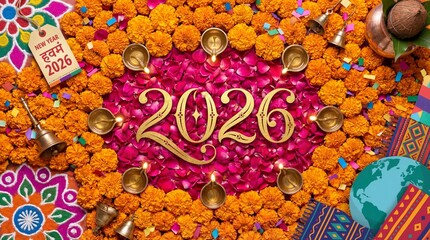 Vibrant Indian New Year 2026 celebration background. Golden numbers on pink rose petals, framed by marigold flowers, brass diya lamps, and auspicious cultural decorations (Kalash, Rangoli).