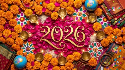 Gold 2026 Typography over Pink Rose Petals, surrounded by Traditional Marigold Flowers, Illuminated Diyas, Rangoli, and Indian Festive Decor. Global New Year Concept.