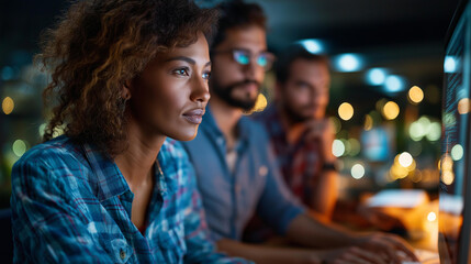 Ethnically diverse programmers coding together, workplace collaboration in IT company, late evening office session, multicultural development team, defocused workspace, with copy space