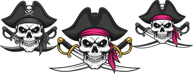 Pirate skull illustration, crossed swords, tricorn hat, bandana variations, black vector design for adventure, Halloween, danger, emblem, themed content