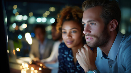 Machine learning business meeting, planning conversation and brainstorming, employees at night discussion, IT specialist in dark office, software update for AI project, with copy space