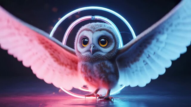 Cute Owlet Character with Glowing Neon Rings Animated on Dark Background Cinematic Scene Adorable Bird Pet Fantasy Creature Digital Art