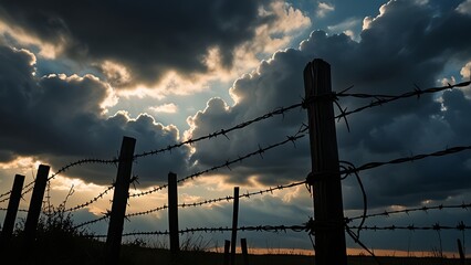 Dark Barbed Wire Shape Beneath Clouded Sky Symbolizing History