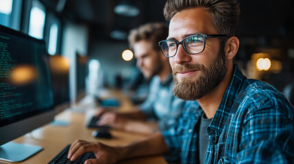 Two IT specialists working in office, technology professionals collaborating, software development session, modern workspace environment, defocused interior setting, with copy space