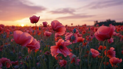 Bright Poppies Bloom in a Field During Sunset in the Countryside