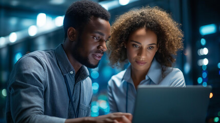 Black male IT specialist and female expert, high-tech datacenter collaboration, reviewing security logs on laptop, network defense strengthening, defocused server environment, with copy