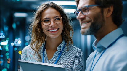 People with tablet in server room, cyber security conversation and teamwork, engineering collaboration activity, IT specialist technical support, defocused datacenter equipment, with copy