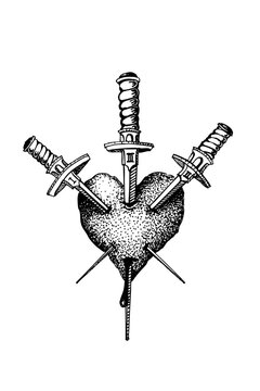 Coraz&oacute;n atravesado por 3 espadas, carta del tarot, tatuaje.