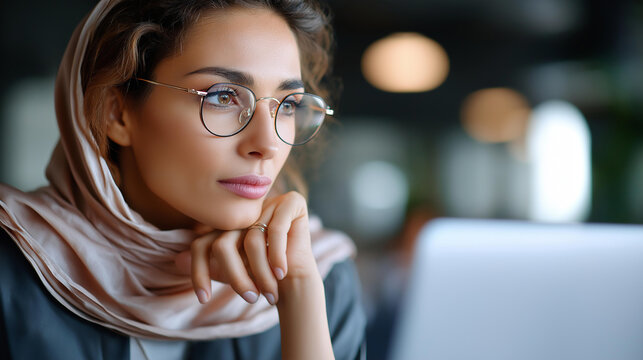 Middle Eastern woman using computer technology, focused professional IT specialist working, laptop at office desk, financial application work, vertical portrait perspective, with copy space - Powered by Adobe
