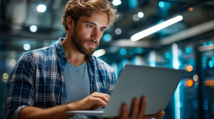 Server room software developer using AI, infrastructure diagnostics review, IT employee in data center, performance analysis with artificial intelligence, defocused equipment racks, with