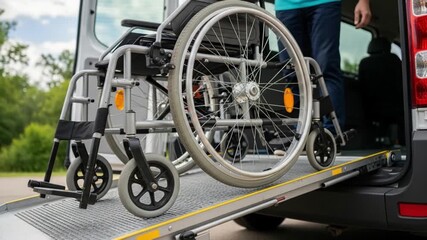 A wheelchair being loaded into the back of a van with a ramp for easy access and transportation for people with mobility issues on a sunny day
