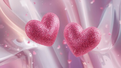 Two Pink Glitter Hearts Float on a Shiny Background During a Celebration of Love and Friendship