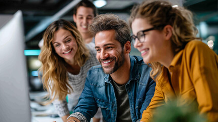 Company designers on project work, advertising agency business meeting, creative team collaboration, professional development session, defocused office workspace, with copy space