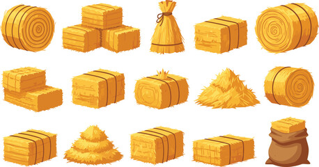 Hay Bales And Straw Bundles Collection With Farm Harvest Elements Isolated On White Background Flat Vector Illustration © Sumon Creative