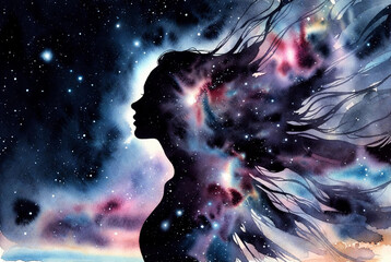 Woman's silhouette in space with flowing hair and cosmic colors, illustrating imagination and connection to the universe