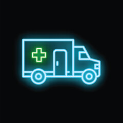 Glowing neon ambulance sign indicating a hospital with a green medical cross on a black background