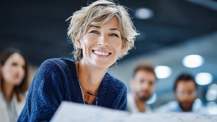 Confident Professional: A charismatic woman radiates confidence as she engages in a business setting, her warm smile reflecting knowledge, expertise and collaborative spirit.