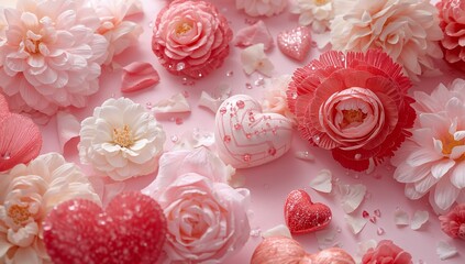 Collection of Pink Flowers and Hearts on a Light Background During a Celebration in a Home Setting
