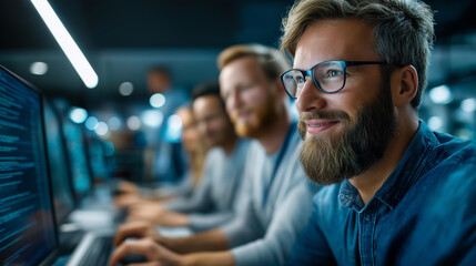 Group of IT specialists on new project, collaborative technology development, team programming session, modern workspace setting, defocused office interior, with copy space