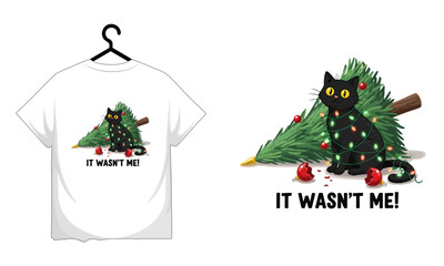 Funny Christmas Cat T-Shirt Design with Tree and Ornaments, Humorous Feline Graphic Tee