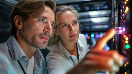 Two IT specialists in server room, surrounded by flashing lights hardware, troubleshooting network problem together, collaborative technical work, defocused datacenter, with copy space