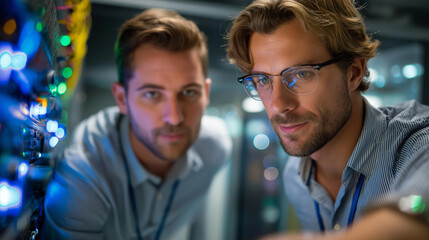 Two IT specialists in server room, surrounded by flashing lights hardware, troubleshooting network problem together, collaborative technical work, defocused datacenter, with copy space