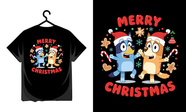 Bluey and Bingo Christmas T-Shirt Design, Cartoon Characters Merry Christmas Graphic Tee for Kids