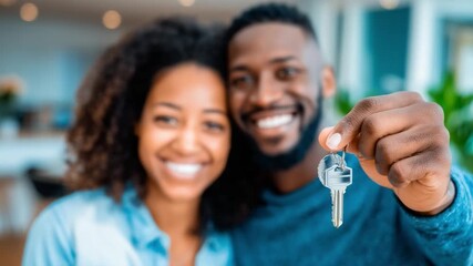 New Homeowners: A smiling couple, hand in hand, celebrating the milestone of owning a new home, symbolizing a fresh start and the pursuit of the American dream. 