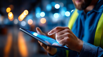 Information technology specialists with tablet, nighttime datacenter closeup work, server infrastructure monitoring, technical support activity, defocused equipment environment, with copy