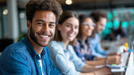 Biracial team in casual clothes smiling, cozy office workspace collaboration, medium full shot perspective, modern work environment, defocused interior setting, with copy space