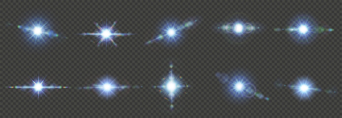 Light glow and shine realistic effect with flare and bright sparkle vector set. Camera flash with blue rays and beams, magic sunlight and abstract energy. Lens flare festive decoration and neon burst © WinWin