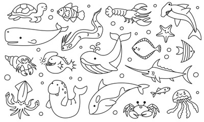 Sea animal doodle, line fish and marine creature, ocean cartoon underwater sketch. Octopus and seahorse, dolphin and turtle, whale and lobster, shark and crab aquatic undersea funny vector set © WinWin