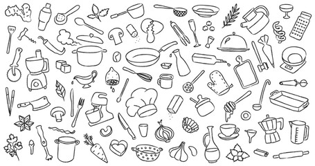 Kitchen cook doodle utensil and food line sketch icons. Pot and bowl, fork and plate, frying pan and whisk for cooking. Chef hat, restaurant menu elements cutlery vector isolated set © WinWin
