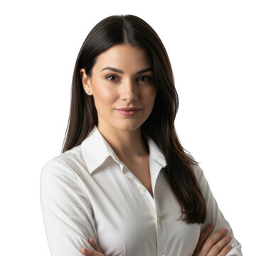 A professional young woman with long dark hair wearing a white shirt isolated on transparent background