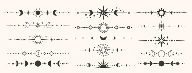 Celestial dividers with moon phases and sun for mystical banner, wedding invitation or bohemian tattoo. Cosmic ornaments and borders for astrology, occult packaging and vintage headers. Vector set © WinWin