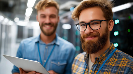 Two IT engineers standing in datacenter, working infrastructure environment, server room collaboration, technology professionals monitoring, defocused equipment racks, with copy space