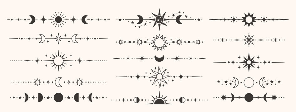 Celestial dividers with moon phases and sun for mystical banner, wedding invitation or bohemian tattoo. Cosmic ornaments and borders for astrology, occult packaging and vintage headers. Vector set