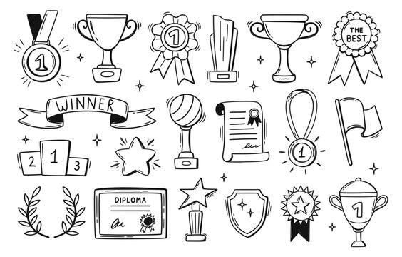 Winner award doodle. Trophy cup and medal for champion victory, sport competition and success achievement or honor certificate. Hand drawn wreath and podium for sports banner, social media and poster