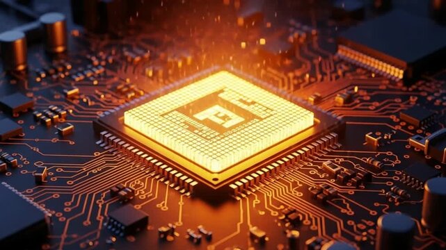 Closeup of a glowing microchip on a circuit board with orange lighting