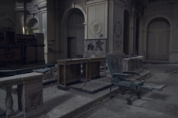 Abandoned historic hospital with domed roof