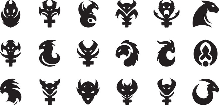 Collection of stylized black dragon and mystical emblems